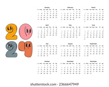 Calendar 2024, week start Sunday. Corporate planner template in retro style. Horizontal design. Vector illustration.