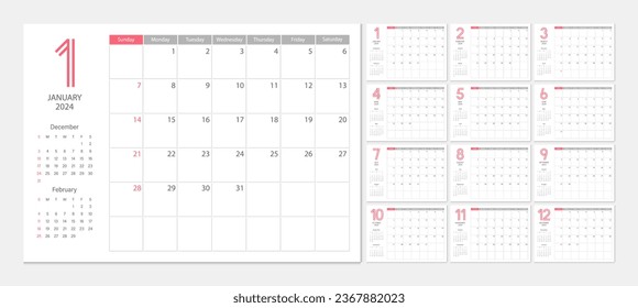 Calendar 2024 week start Sunday corporate design planner template.