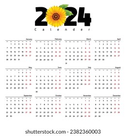 Calendar 2024, Calendar 2024 week start Sunday corporate design template vector