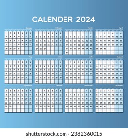 Calendar 2024, Calendar 2024 week start Sunday corporate design template vector