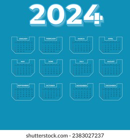 Calendar 2024 week start Sunday, Wall calendar for 2024 design for one page, advertisement, printing, blue background 