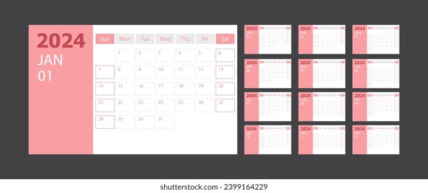 Calendar 2024 week start Sunday corporate design planner template with pink theme, stock vector