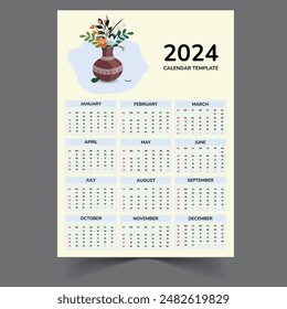 Calendar 2024, week start Sunday corporate design template vector. Wall calendar 2024. flower vase illustration simple unique calendar template.