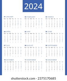 Calendar 2024 week starting Monday, Simple and professional 2024  Calendar template to make your new year planning easy.