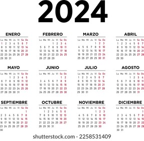 Calendar 2024, week starts on Monday. Spanish