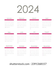 Calendar 2024.  Week starts on Sunday. Graphic design. Vector illustration.