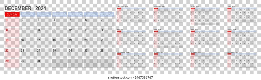 Calendar for 2024. The week starts on Sunday. Set for 12 months.