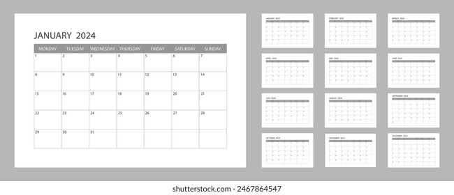 Calendar for 2024. The week starts on Monday. Desk planner. Corporate or business calendar. English calendar