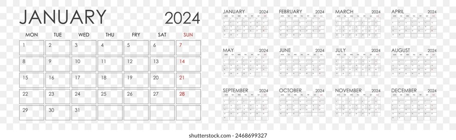 Calendar for 2024. The week starts on Sunday. Set for 12 months.