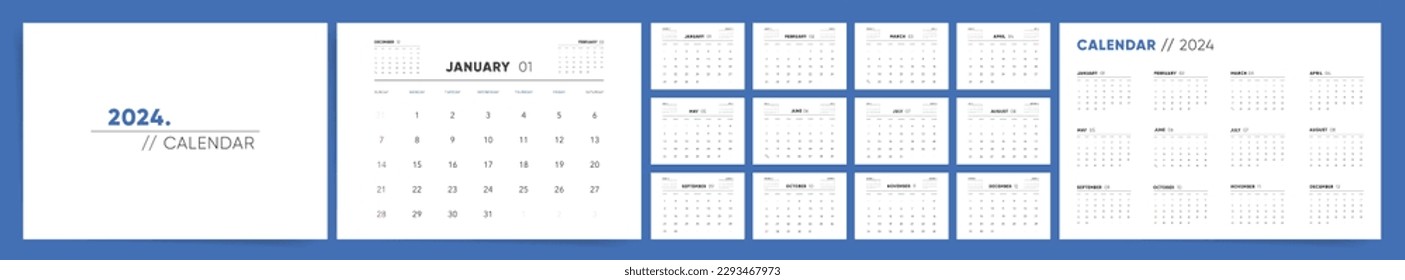 Calendar 2024. Calendar 2024 week starts Sunday. Set of ready to print monthly pages. Corporate minimal clean design 2024 calendar.