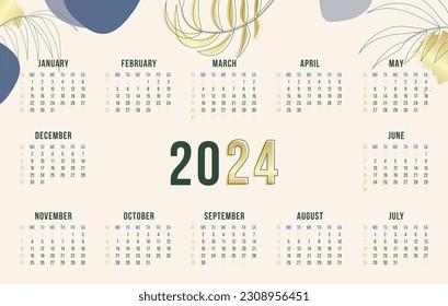Calendar 2024, Calendar 2024 - Week Starts Sunday. One Page Horizontal 2024 Calendar Planner Template in Premium Abstract Style with Golden natural elements.