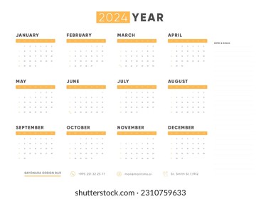 Calendar 2024, Calendar 2024 - Week Starts Sunday. One Page Horizontal 2024 Calendar Planner Template. Place for Notes.