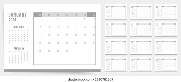 Calendar 2024, Calendar 2024 - Week Starts Sunday. Gray Minimal Classic 2024 Calendar Planner Template.