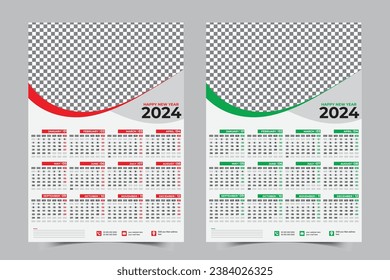 Calendar 2024 week starts Sunday corporate wall calendar design planner template, with 2 color variations.
