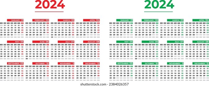 La semana del calendario 2024 comienza el domingo planeamiento de diseño corporativo, con 2 variaciones de color.