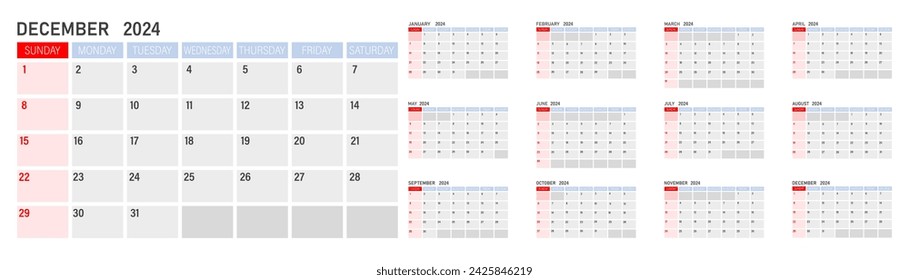 Calendar 2024. Calendar 2024 week starts Sunday. Set of ready to print monthly pages. Corporate minimal clean design 2024 calendar.