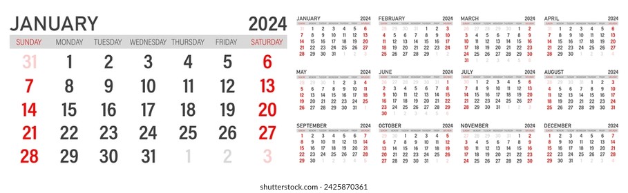 Calendar 2024. Calendar 2024 week starts Sunday. Set of ready to print monthly pages. Corporate minimal clean design 2024 calendar.