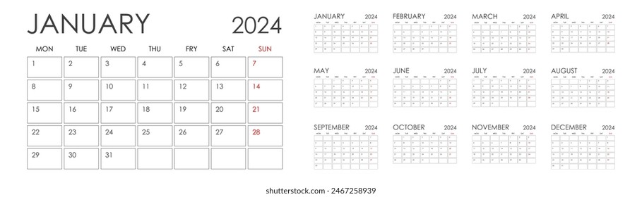 Calendar 2024. Calendar 2024 week starts Sunday. Set of ready to print monthly pages. Corporate minimal clean design 2024 calendar.