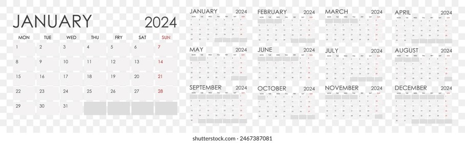 Calendar 2024. Calendar 2024 week starts Sunday. Set of ready to print monthly pages. Corporate minimal clean design 2024 calendar.