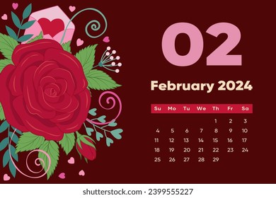 Calendar 2024 - calendar with Winter Plants. Vector Colorful Art Design. February 2024.
