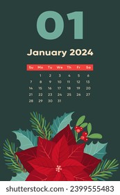 Calendar 2024 calendar with Winter Plants. Vector Colorful Art Design. poinsettia flowers and floral branches and berries, christmas florals.