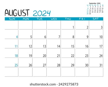 Calendario 2024 año. Planificador de agosto de 2024. Planificador diario. Diseño de calendario de escritorio. Planificador mensual 2024. Agosto. Planificación de la vida o negocio. Lugar para notas. Plantilla imprimible.