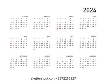 Calendar 2024 year. Black and white vector template. Week starts on Sunday. Basic grid. Pocket square calender. Ready design