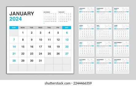 Calendar 2024 year blue design, Monthly calendar template for 2024 year, Week Starts on sunday, Minimalist Wall calendar 2024 template, planner, Business template Vector