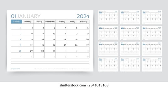 Kalenderjahr 2024. Kalender Vorlage. Die Woche fängt Sonntag an. Desk-Planer. Jährlicher Briefvermittler. Planen Sie das Layout mit 12 Monaten. Horizontales monatliches Tagebuchraster auf Englisch. Vektorgrafik