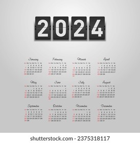 Calendar 2024 year. Color vector template. Week starts on Sunday. Basic grid. Ready design