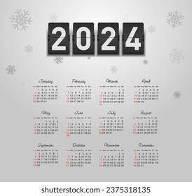 Calendar 2024 year. Color vector template. Week starts on Sunday. Basic grid. Ready design