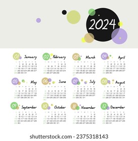 Calendar 2024 year. Color vector template. Week starts on Sunday. Basic grid. Ready design