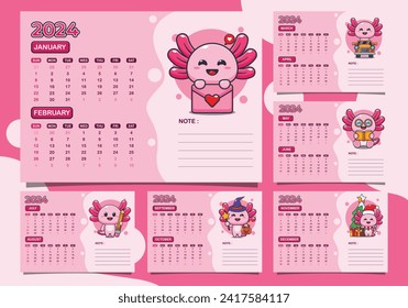 calendar 2024 year with cute axolotl character. Quarter calendar template for 2024 year.