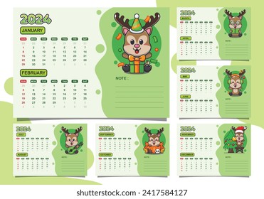 calendar 2024 year with cute deer character. Quarter calendar template for 2024 year.