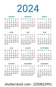 Calendar 2024 year, design template week starts on Sunday. Simple style year pocket or wall calendar template, corporate design planner template vector illustration
