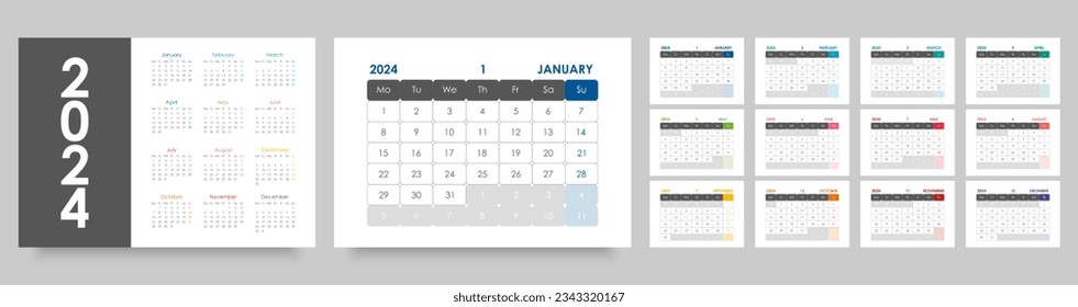 Calendario 2024 año. Plantilla de calendario de escritorio o pared, orientación horizontal, idioma inglés. La semana comienza el lunes. 