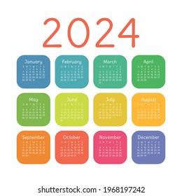 Calendar 2024 year. English colorful vector square pocket or wall calender template. Kids colors. Trendy design. Week starts on Sunday