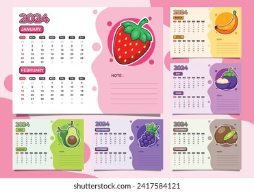 calendar 2024 year with fruit theme. Quarter calendar template for 2024 year.
