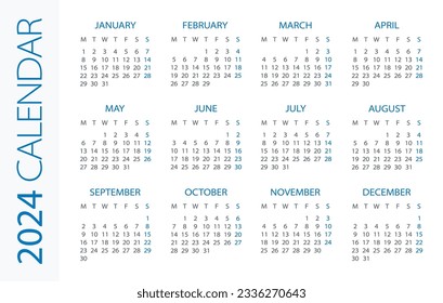 Calendar 2024 year Horizontal - vector illustration. Week starts on Monday