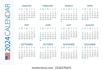 Calendar 2024 year Horizontal - vector illustration. American version. Week starts on Sunday