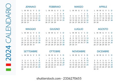 Calendar 2024 year Horizontal - vector illustration. Italian version