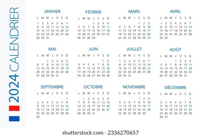 Calendar 2024 year Horizontal - vector illustration. French version