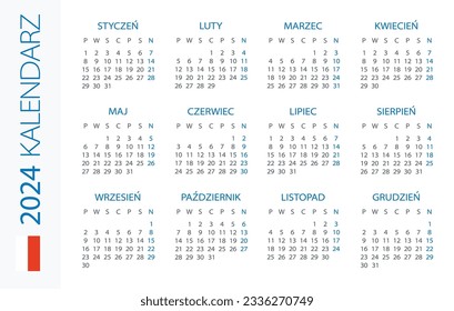 Calendar 2024 year Horizontal - vector illustration. Polish version