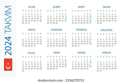 Calendar 2024 year Horizontal - vector illustration. Turkish version