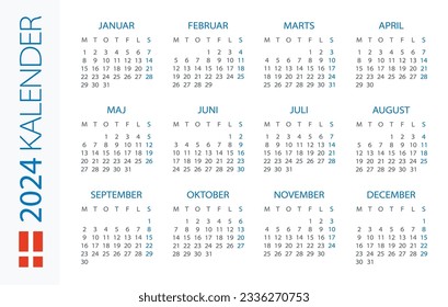 Calendario 2024 año Horizontal - ilustración vectorial. Versión en danés