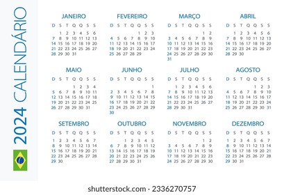 Calendario 2024 año Horizontal - ilustración vectorial. Versión brasileña