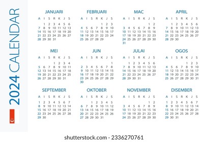 Calendario 2024 año Horizontal - ilustración vectorial. Versión de Singapur