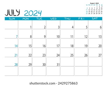 Calendario 2024 año. Planificador de julio de 2024. Planificador diario. Julio. Diseño de calendario de escritorio. Planificador mensual 2024. Planificación de la vida o negocio. Lugar para notas. Plantilla imprimible.