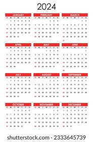 Calendar 2024 Year mockup. Annual Vertical template. First day Sunday. Classic simple minimal design. Black and red style on white background. English language. EPS10.