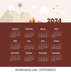Calendar 2024 year with Mountain Landscape. Color vector template. Week starts on Sunday. Basic grid. Ready design